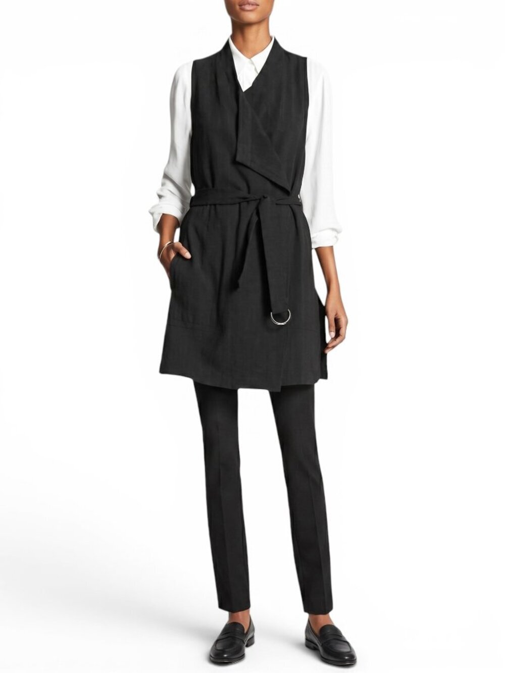 Banana Republic Black Drapery Draped Wrap Belted Vest Jacket Sleeveless NWT XS